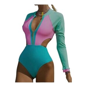 Long Sleeve Colorblock One-Piece Swimsuit - Mint, Pink & Teal